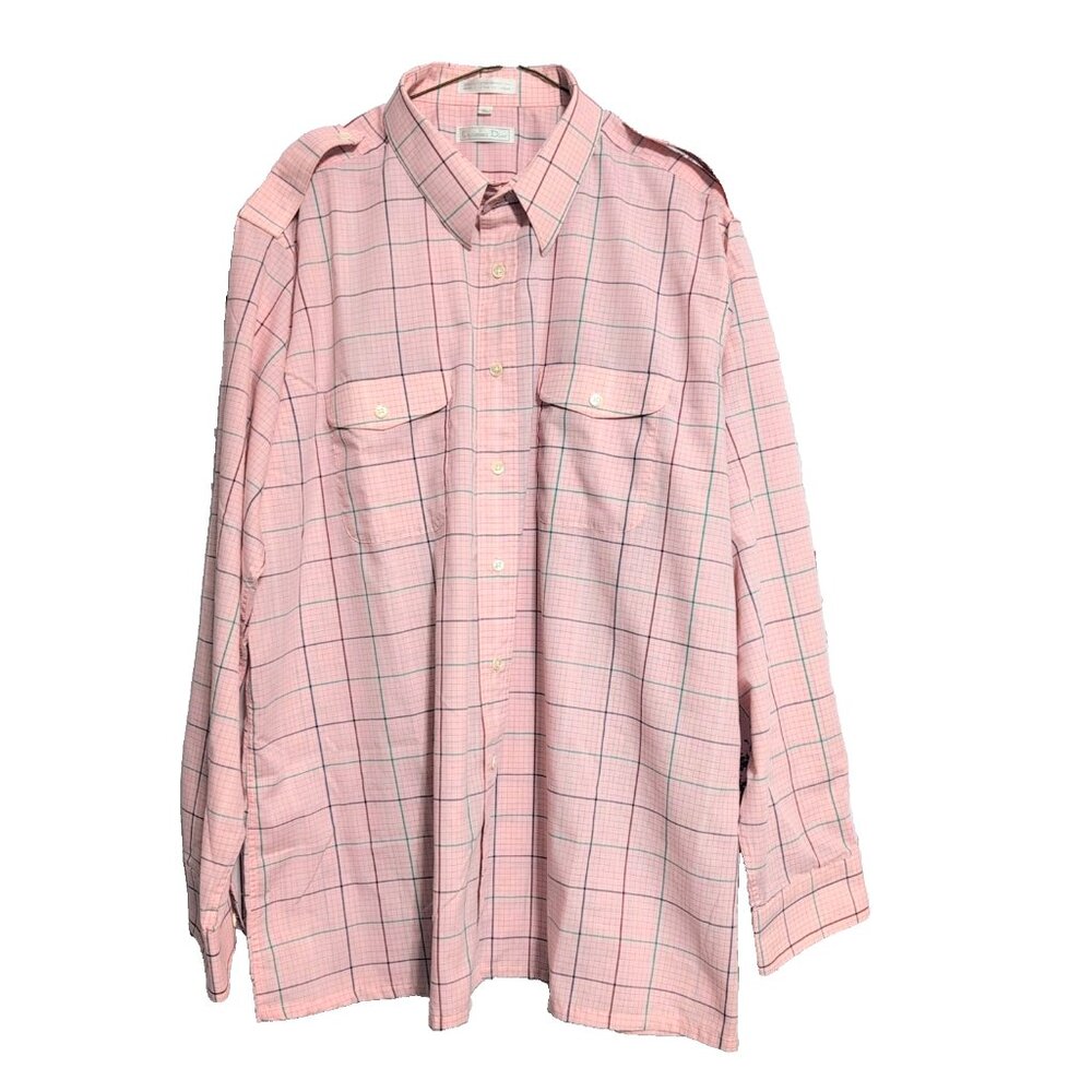 Vintage Christian Dior Retro Style Men's Shirt XL Pink Check with Epaulets VGC